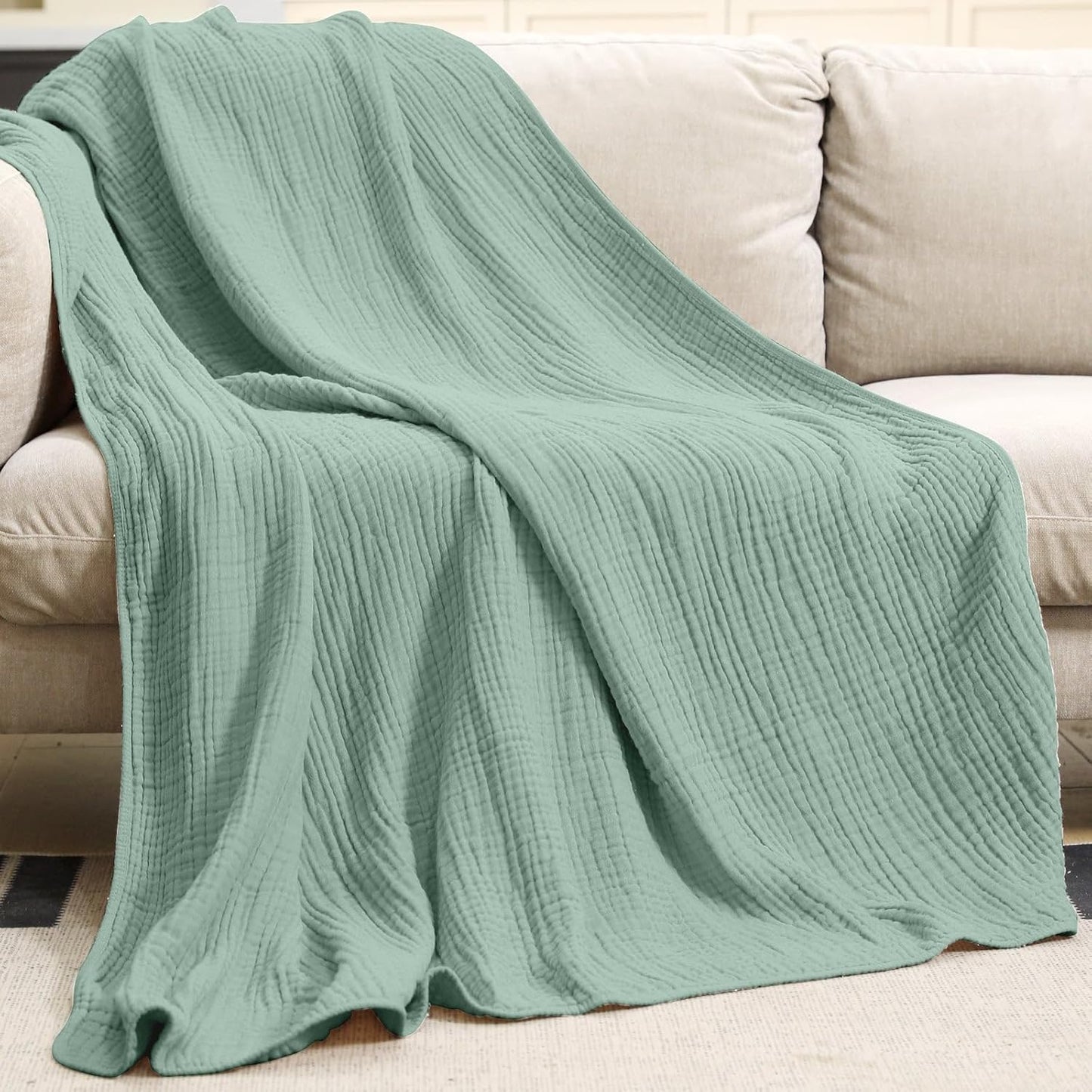 Muslin Blanket 100% Organic Cotton Throw Large 50" X 60" for Bed Couch Summer Gauze Blanket for Adults Lightweight and Breathable Dark Green