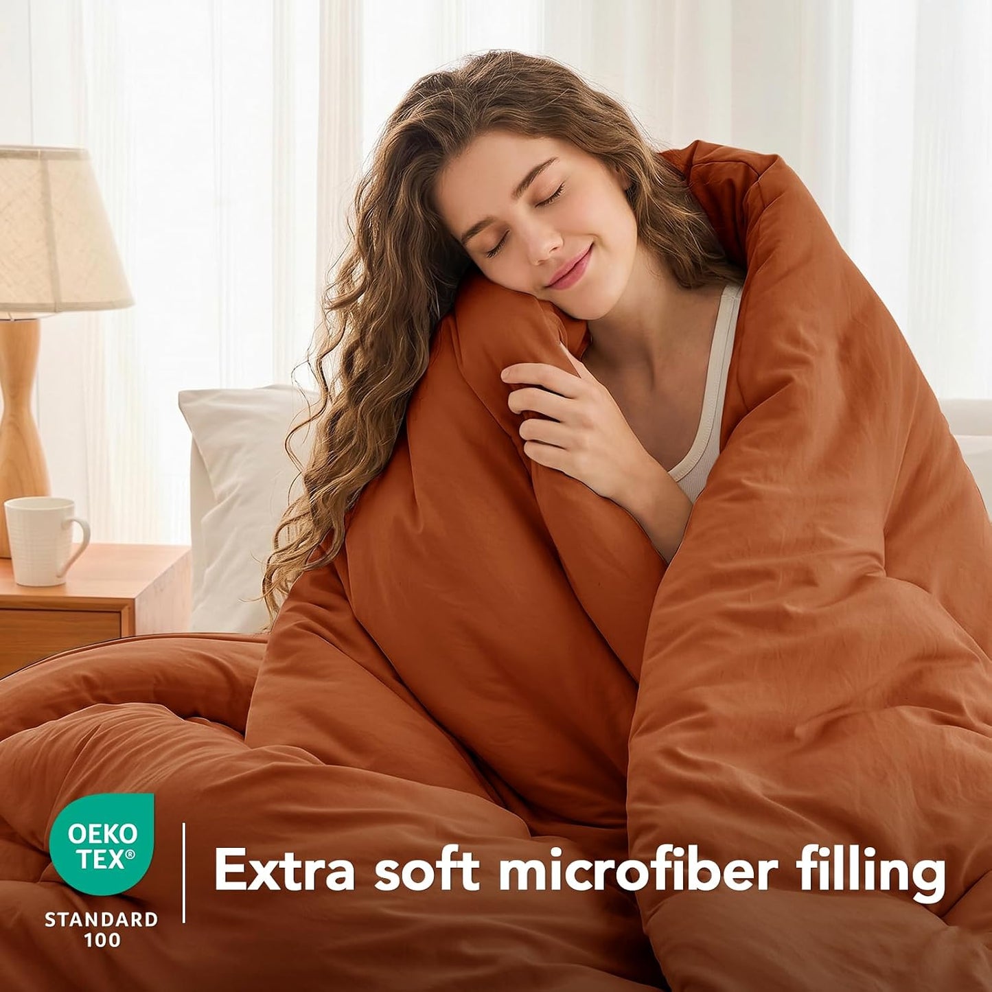 Queen Comforter Set Prewashed Lightweight Quilted Bedding, All Season Breathable down Alternative Solid Terracotta Comforter (90"X90") with 2 Pillowcases