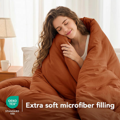 Queen Comforter Set Prewashed Lightweight Quilted Bedding, All Season Breathable down Alternative Solid Terracotta Comforter (90"X90") with 2 Pillowcases