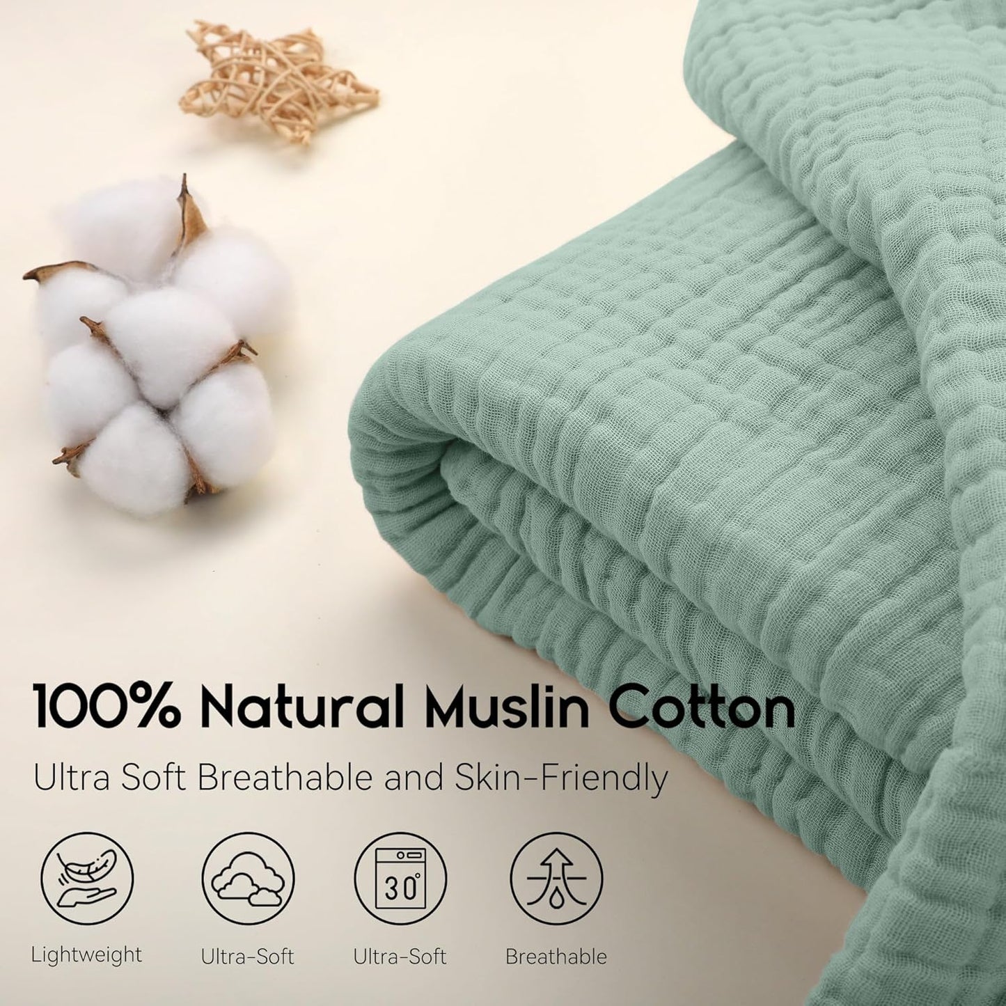 Muslin Blanket 100% Organic Cotton Throw Large 50" X 60" for Bed Couch Summer Gauze Blanket for Adults Lightweight and Breathable Dark Green