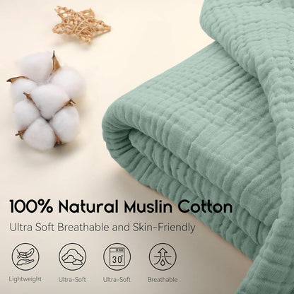 Muslin Blanket 100% Organic Cotton Throw Large 50" X 60" for Bed Couch Summer Gauze Blanket for Adults Lightweight and Breathable Dark Green